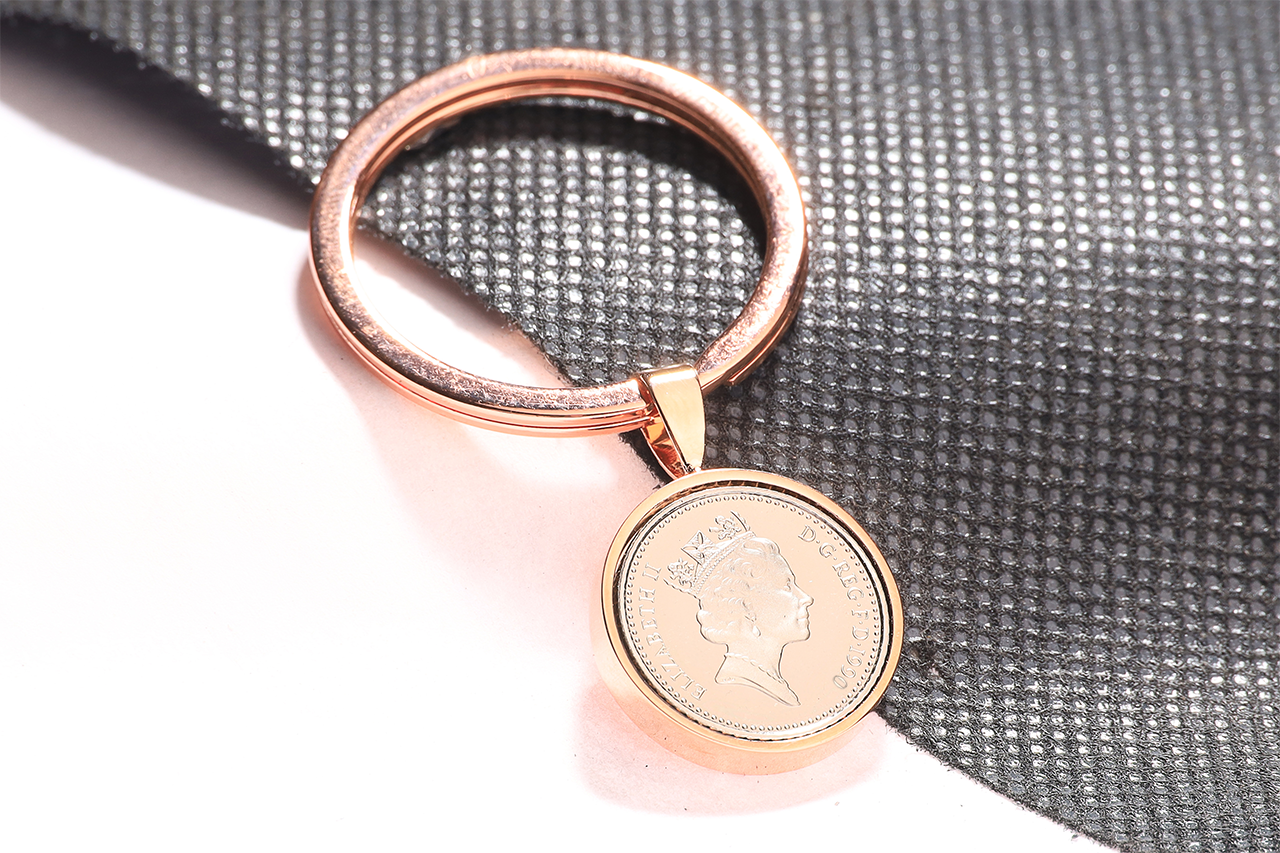 1990 Decimal Five Pence Keyring - 34th Birthday Gift-Choose Colour and Engraving