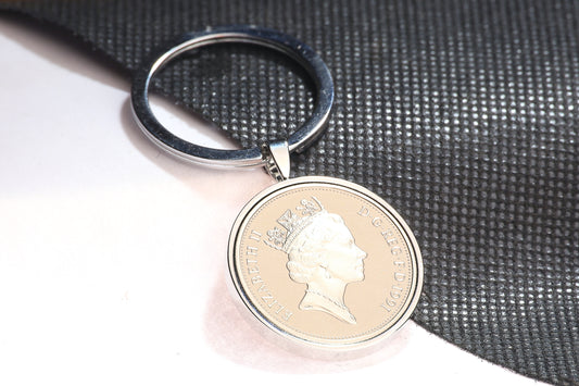 1991 Old Ten Pence Keyring - 33rd Birthday Gift - Choose Colour and Engraving