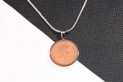 1994 Decimal One Pence Pendant - 30th Birthday Gift - Choose Colour and Engraving