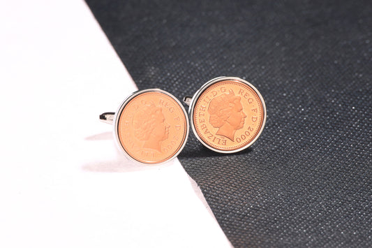 2000 Decimal One Pence Cufflinks - 24th Birthday Gift-Choose Your Colour