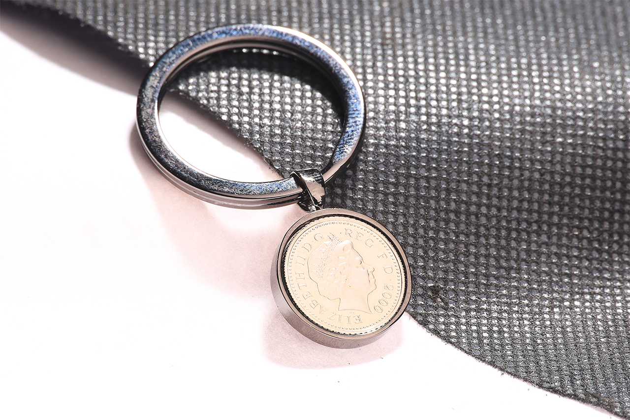 2000 Decimal Five Pence Keyring - 24th Birthday Gift-Choose Colour and Engraving