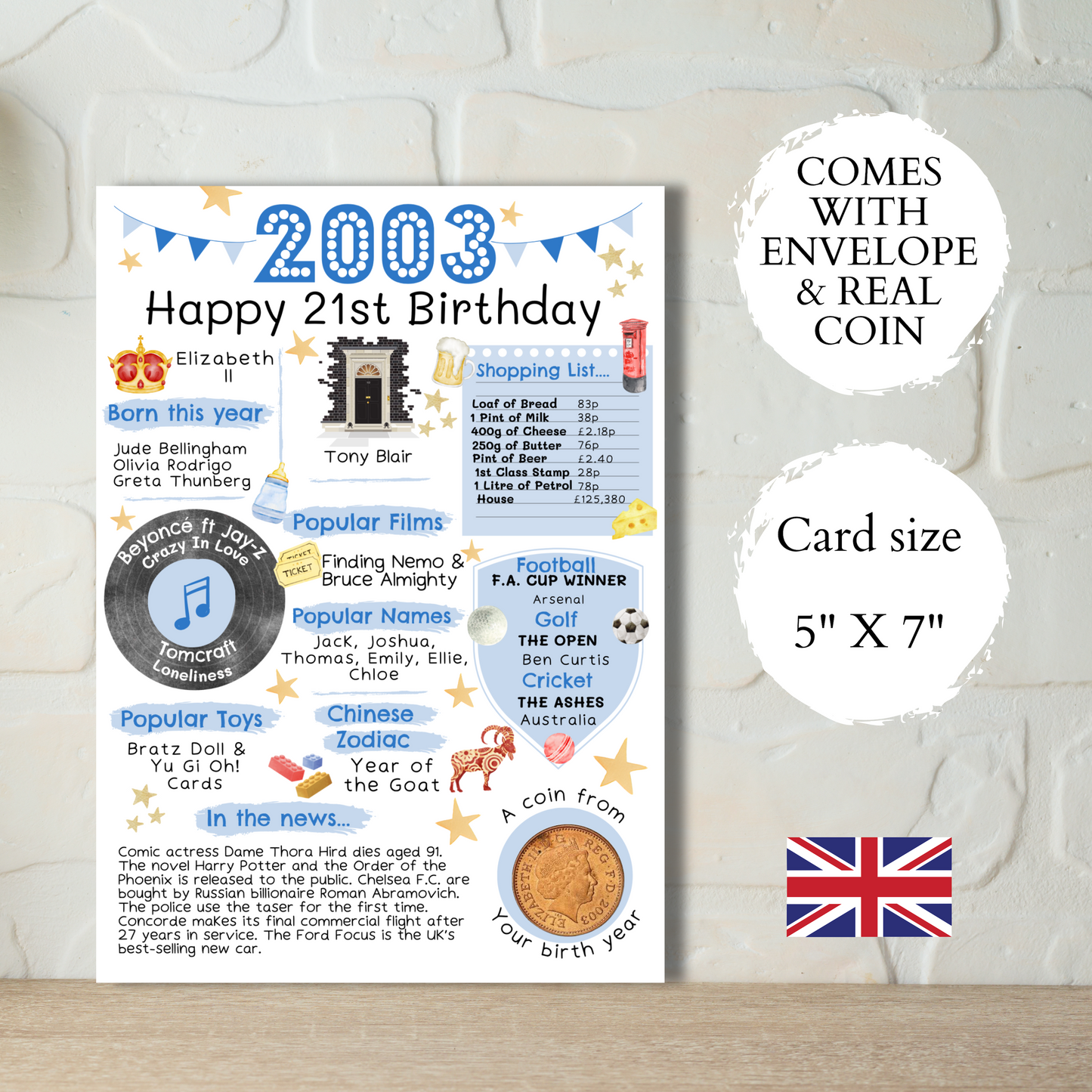 21st Birthday Card With 2003 Coin In Britain Choose Your Card Colour