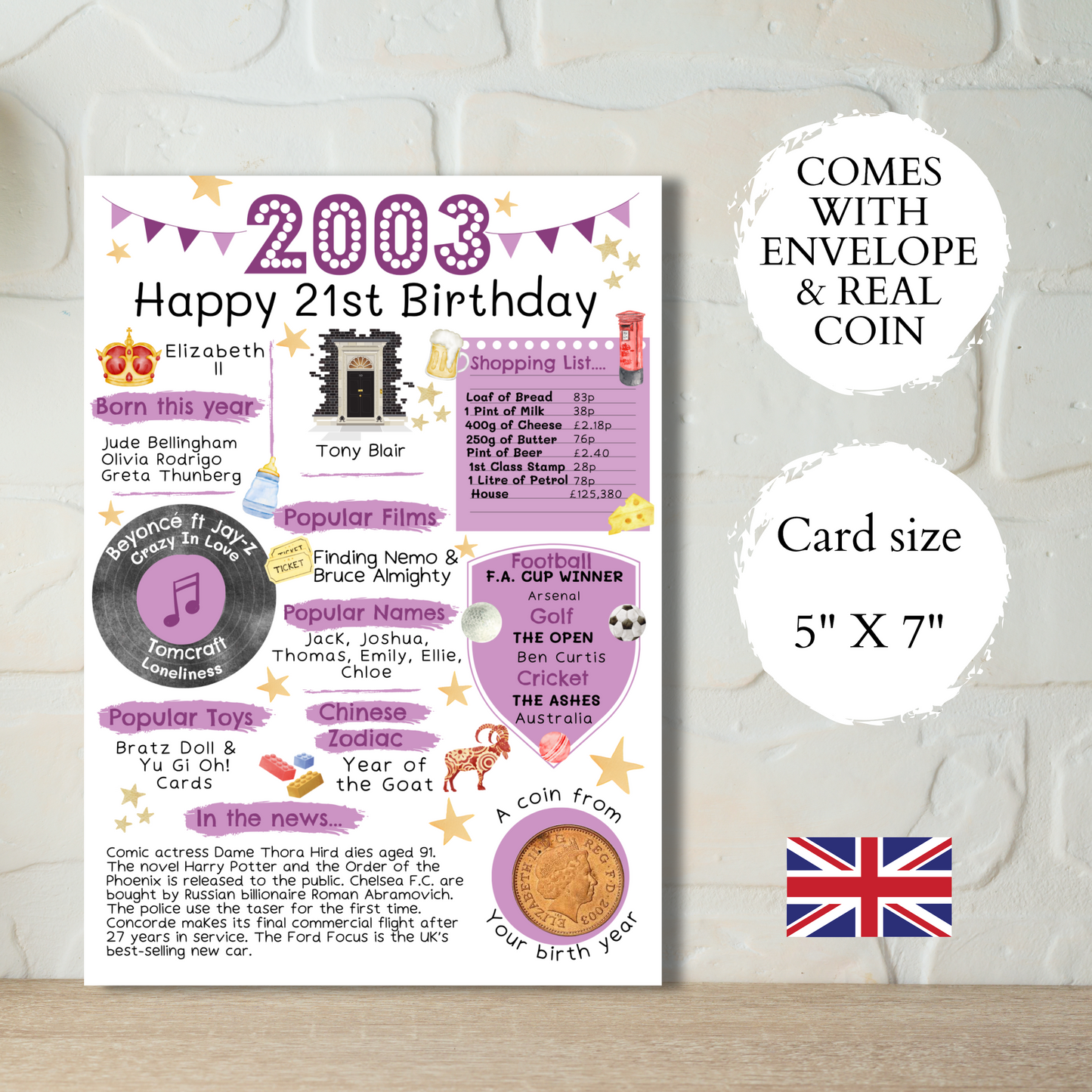 21st Birthday Card With 2003 Coin In Britain Choose Your Card Colour