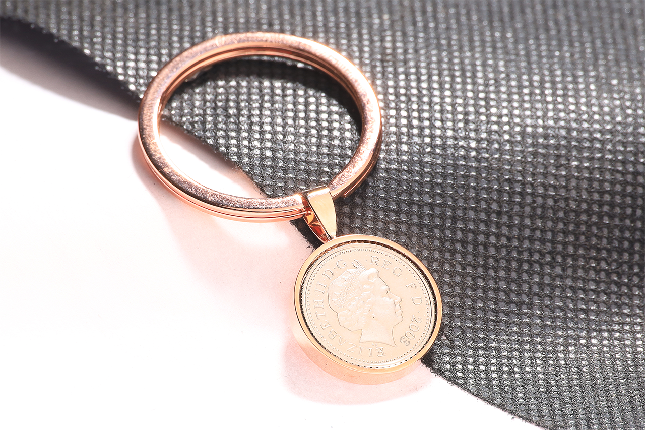 2003 Decimal Five Pence Keyring - 21st Birthday Gift-Choose Colour and Engraving