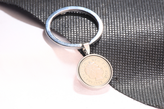 2003 Decimal Five Pence Keyring - 21st Birthday Gift-Choose Colour and Engraving