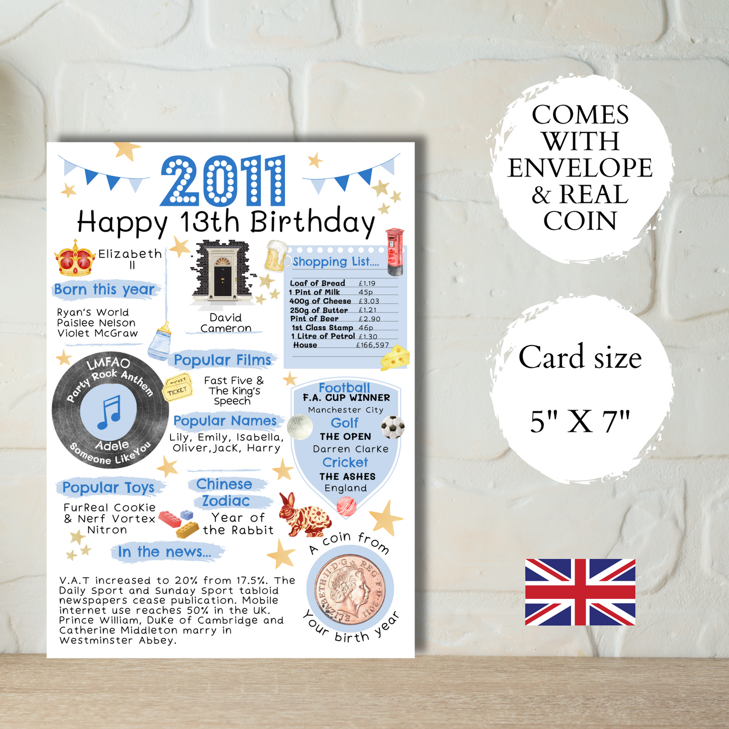 13th Birthday Card With A 2011 British Coin Choose Your Card Colour