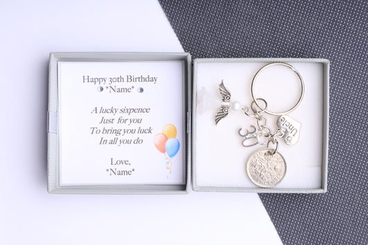 30th Birthday Lucky Sixpence Keyring - For Him