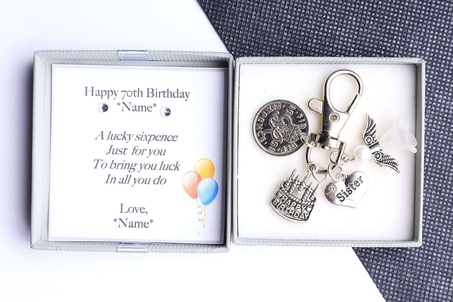 70th Birthday Lucky Sixpence Keyring - For Her