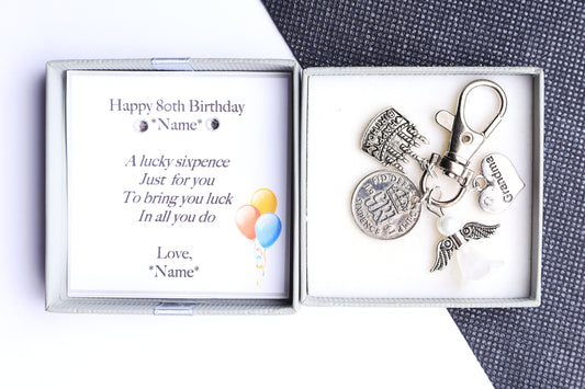 80th Birthday Lucky Sixpence Keyring - For Her