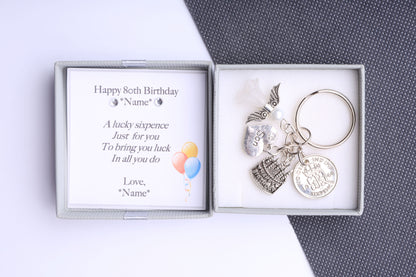 80th Birthday Lucky Sixpence Keyring - For Him