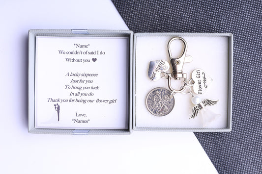 Flower Girl Lucky Sixpence Keyring  - Wedding Thank You Gift