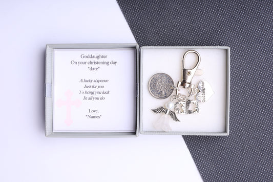 Goddaughter Lucky Sixpence Keyring  - Christening/Baptism Thank You Gift