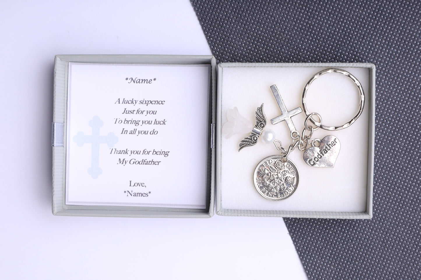 Godfather Lucky Sixpence Keyring  - Christening/Baptism Thank You Gift