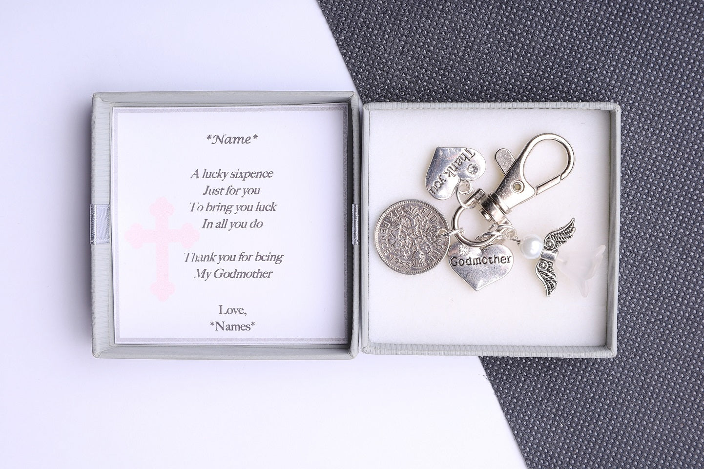 Godmother Lucky Sixpence Keyring  - Christening/Baptism Thank You Gift