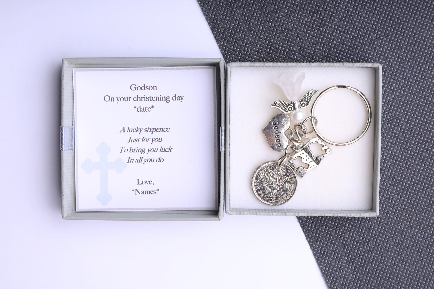 Godson Lucky Sixpence Keyring  - Christening/Baptism Thank You Gift