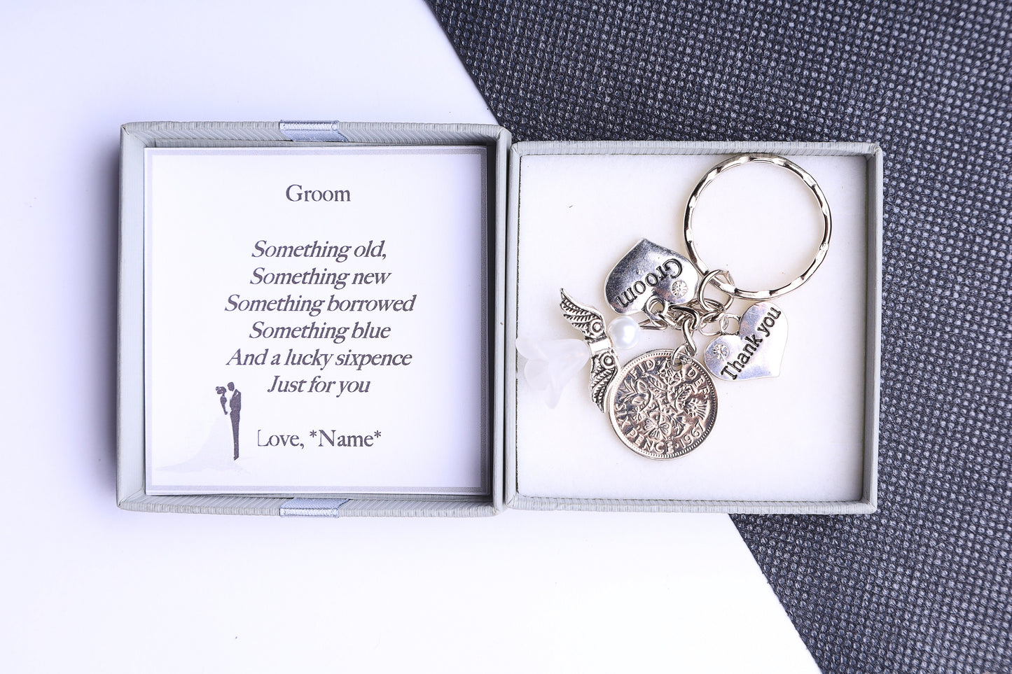 Groom lucky sixpence keyring wedding gift