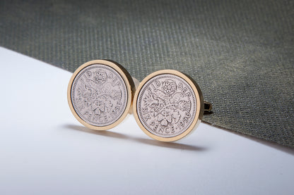 1956 58th Birthday Lucky Sixpence Cufflinks-Choose Colour and Orientation