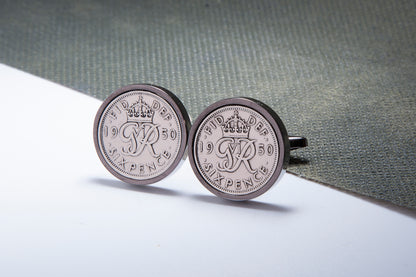 1950 64th Birthday Lucky Sixpence Cufflinks-Choose Colour and Orientation