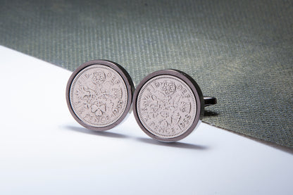 1958 64th Birthday Lucky Sixpence Cufflinks-Choose Colour and Orientation