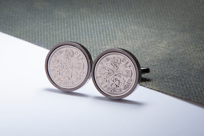 1960 64th Birthday Lucky Sixpence Cufflinks-Choose Colour and Orientation