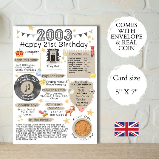 21st Birthday Card With 2003 Coin In Britain Choose Your Card Colour