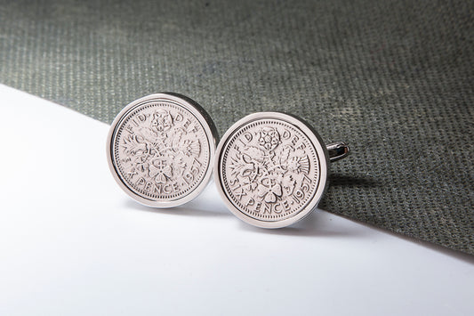 1957 57th Birthday Lucky Sixpence Cufflinks-Choose Colour and Orientation