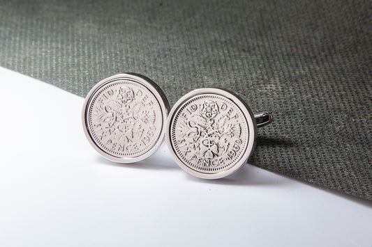 1960 64th Birthday Lucky Sixpence Cufflinks-Choose Colour and Orientation