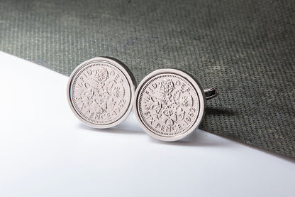 1962 62nd Birthday Lucky Sixpence Cufflinks-Choose Colour and Orientation