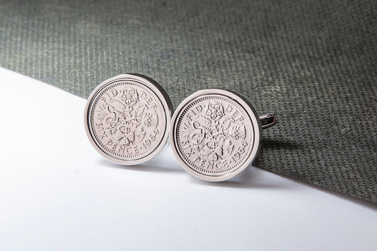 1964 60th Birthday Lucky Sixpence Cufflinks-Choose Colour and Orientation