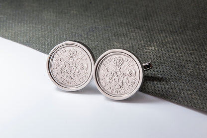 1966 58th Birthday Lucky Sixpence Cufflinks-Choose Colour and Orientation