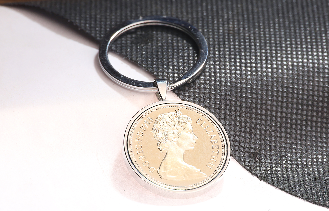 1973 Old Ten Pence Keyring - 51st Birthday Gift - Choose Colour and Engraving