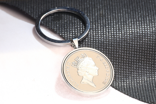 1985 Old Ten Pence Keyring - 39th Birthday Gift - Choose Colour and Engraving